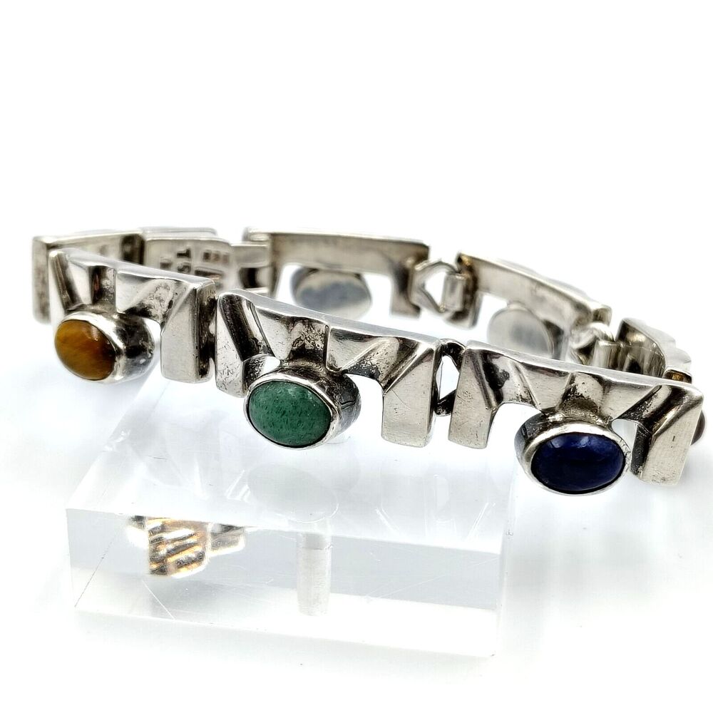 Vintage Taxco Mexico Sterling Silver 925 Gemstone Cabochons Heavy Bracelet 7"